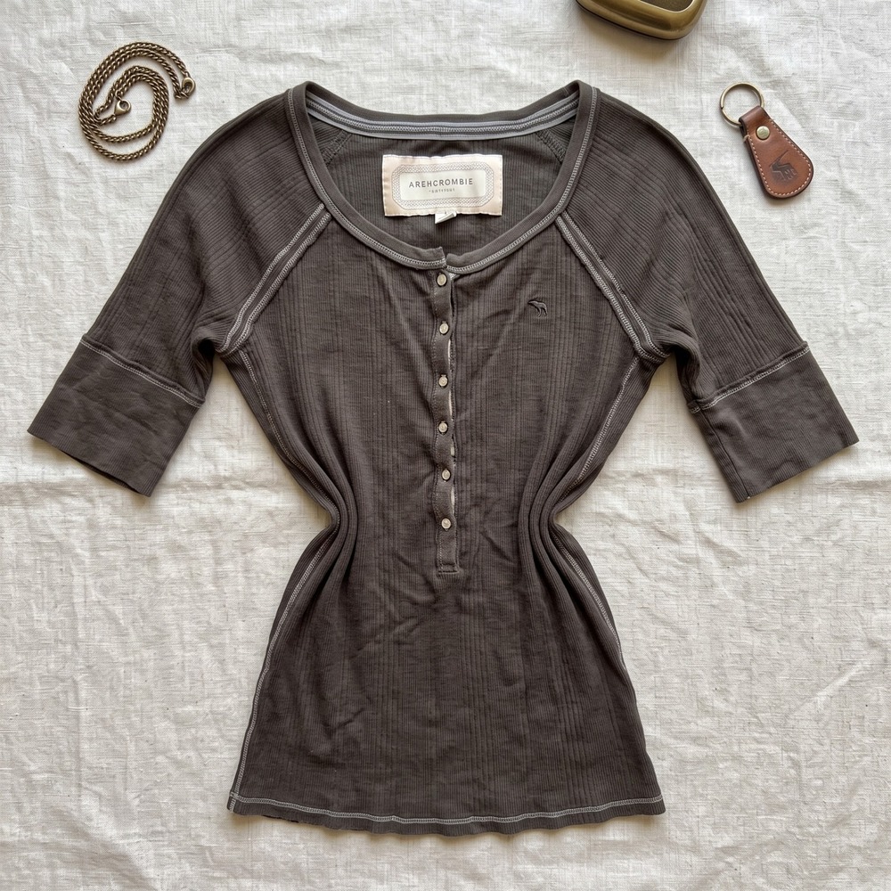 Vintage Y2K Abercrombie & Fitch Womens Top Large Brown Henley Ribbed Babydoll